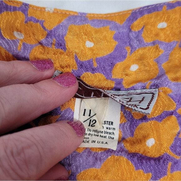 VINTAGE orange floral purple tie front short sleeve‎ blouse M - Picture 5 of 9